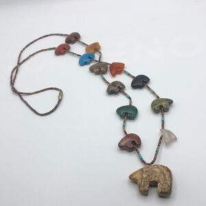 Vintage Southwest Native American Bear Multi Gemstone Necklace 30"